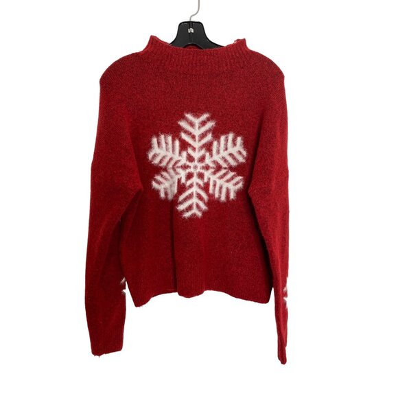 JESSICA SIMPSON WOMEN'S RED HOLIDAY SNOWFLAKE FUZZY MOCK NECK SWEATER SZ L - Picture 2 of 4